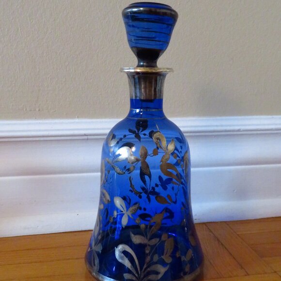 Vintage Bell Shaped Italian Art Silver Painted Cobalt Blue Glass Decanter Italy - Picture 1 of 8